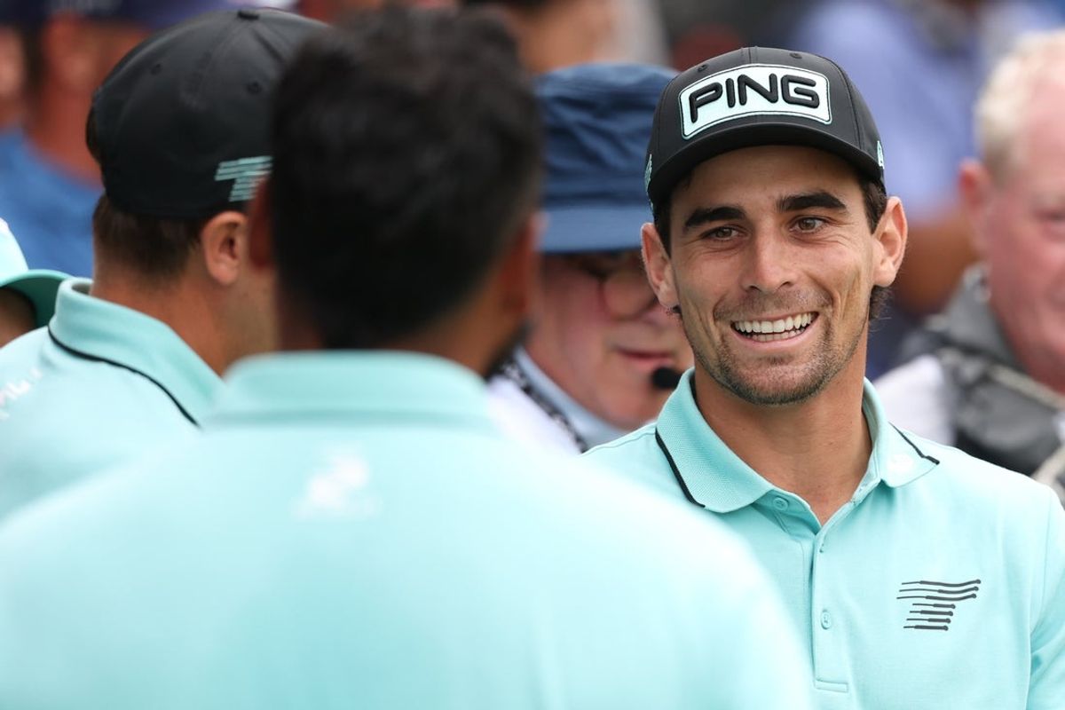 Jun 8, 2025; Gainesville, Virginia, USA; Joaquin Niemann of team Torque GC celebrates with teammates after winning the LIV Golf Virginia golf tournament at Robert Trent Jones Golf Club. Mandatory Credit: Geoff Burke-Imagn Images