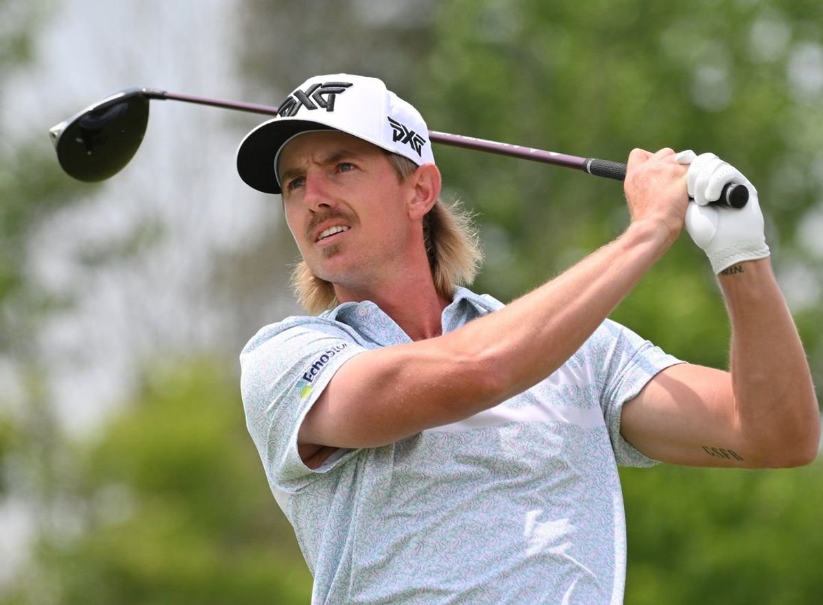 Jun 8, 2025; Caledon, Ontario, CAN;   Jake Knapp hits his tee shot at the fifth hole during the final round of the RBC Canadian Open golf tournament. Mandatory Credit: Dan Hamilton-Imagn Images