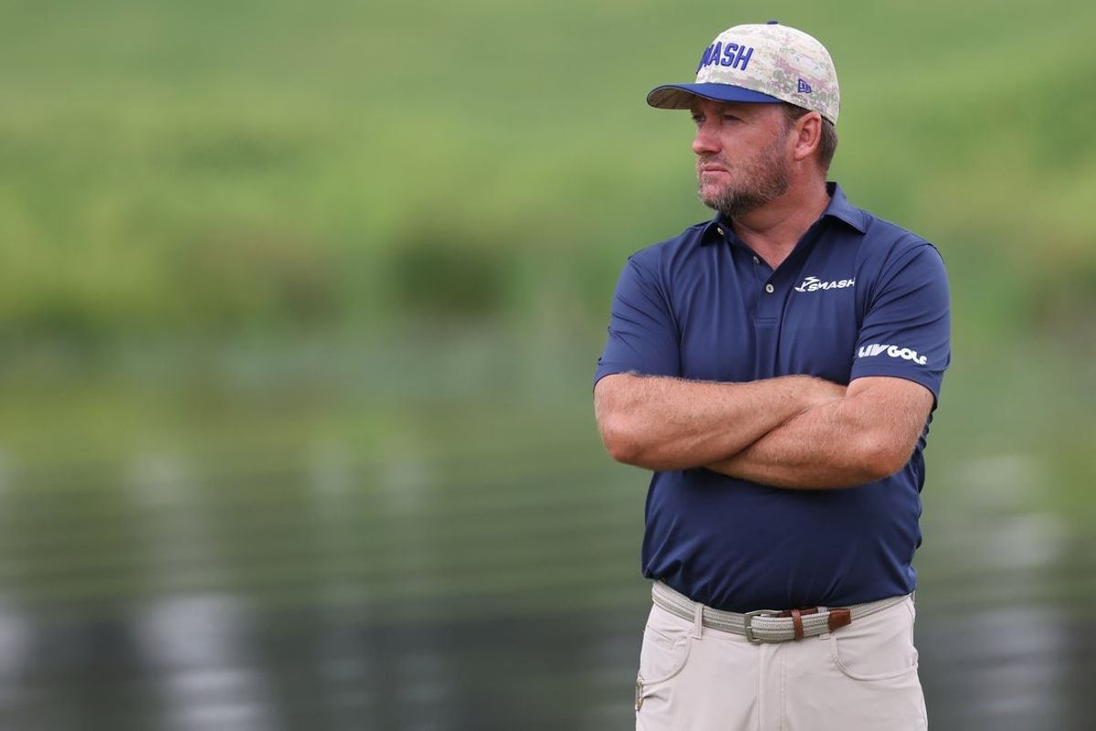 Graeme McDowell of team Smash GC stands on the fifteenth green during the final round of the LIV Golf Virginia golf tournament at Robert Trent Jones Golf Club.