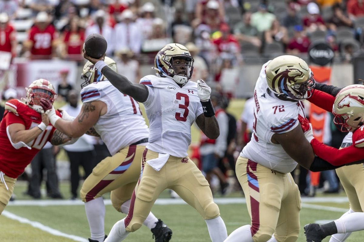 Jun 8, 2025; Birmingham, AL, USA; Michigan Panthers quarterback Bryce Perkins (3) throws the ball against the Birmingham Stallions during the first half of the USFL conference championship football game at Protective Stadium. Mandatory Credit: Vasha Hunt-Imagn Images