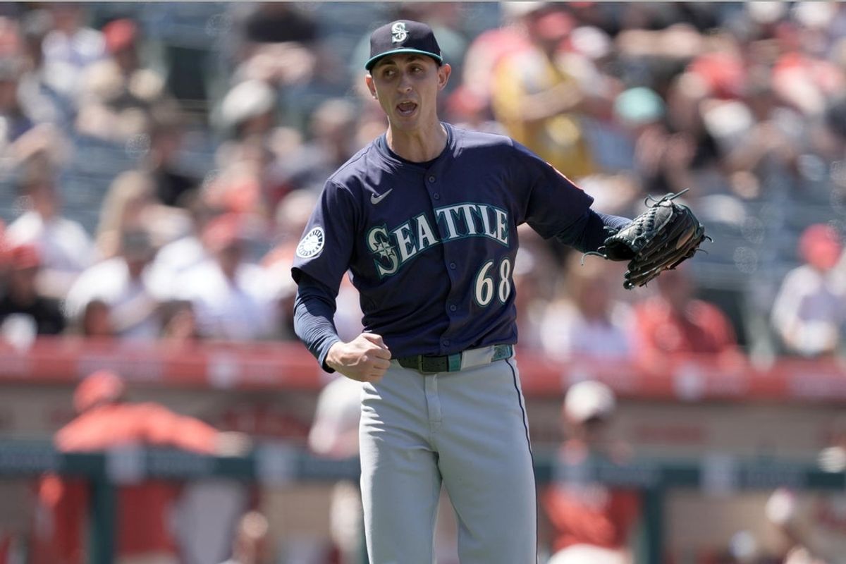 Jun 8, 2025; Anaheim, California, USA; Seattle Mariners pitcher George Kirby (69) celebrates at the end of the seventh inning against the Los Angeles Angels at Angel Stadium. Mandatory Credit: Kirby Lee-Imagn Images