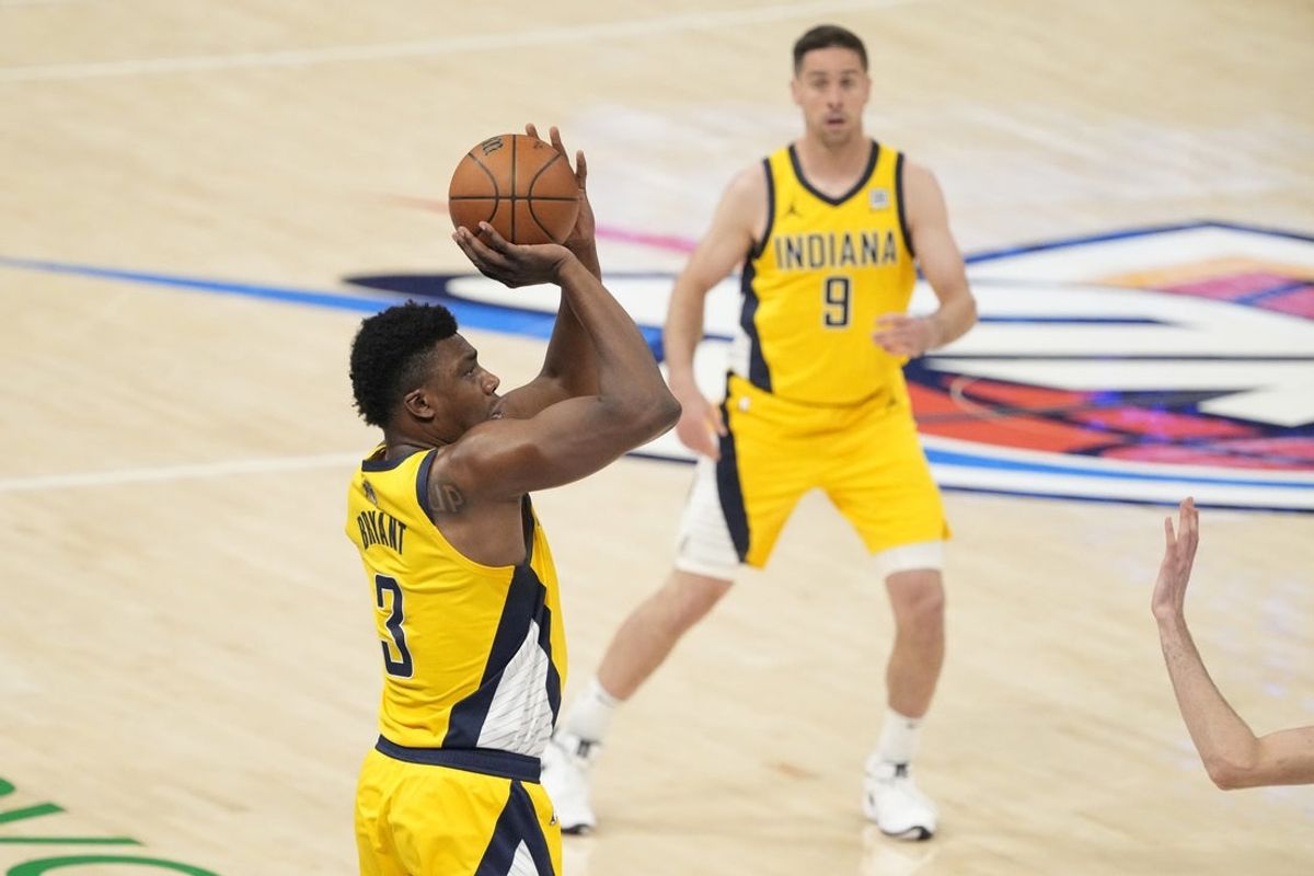 Jun 8, 2025; Oklahoma City, Oklahoma, USA; Indiana Pacers center Thomas Bryant (3) shoots the ball against the Oklahoma City Thunder during the first quarter during game two of the 2025 NBA Finals at Paycom Center. Mandatory Credit: Kyle Terada-Imagn Images