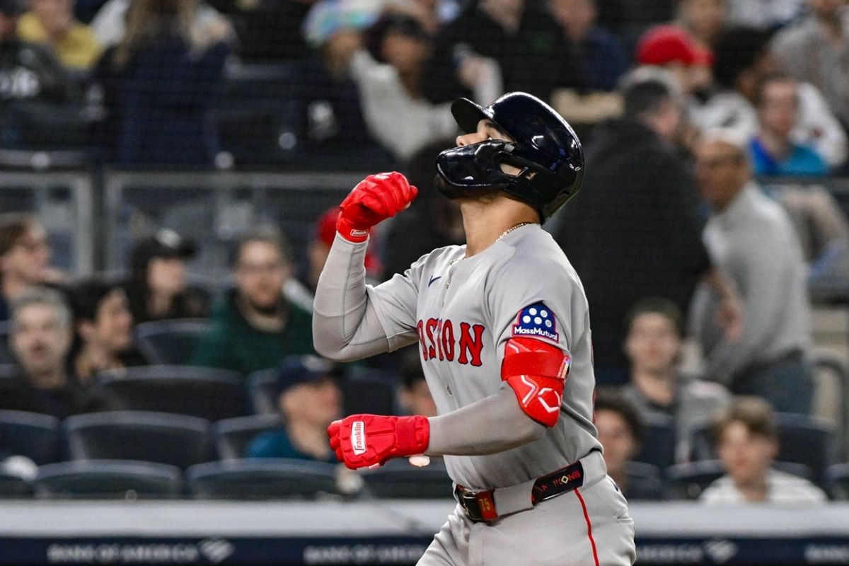 Jun 8, 2025; Bronx, New York, USA; Boston Red Sox catcher Carlos Narváez (75) reacts after hitting a three-run home run against the New York Yankees during the sixth inning at Yankee Stadium. Mandatory Credit: John Jones-Imagn Images