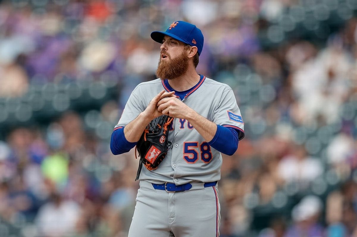 Jun 8, 2025; Denver, Colorado, USA; New York Mets relief pitcher Paul Blackburn (58) in the eighth inning against the Colorado Rockies at Coors Field. Mandatory Credit: Isaiah J. Downing-Imagn Images