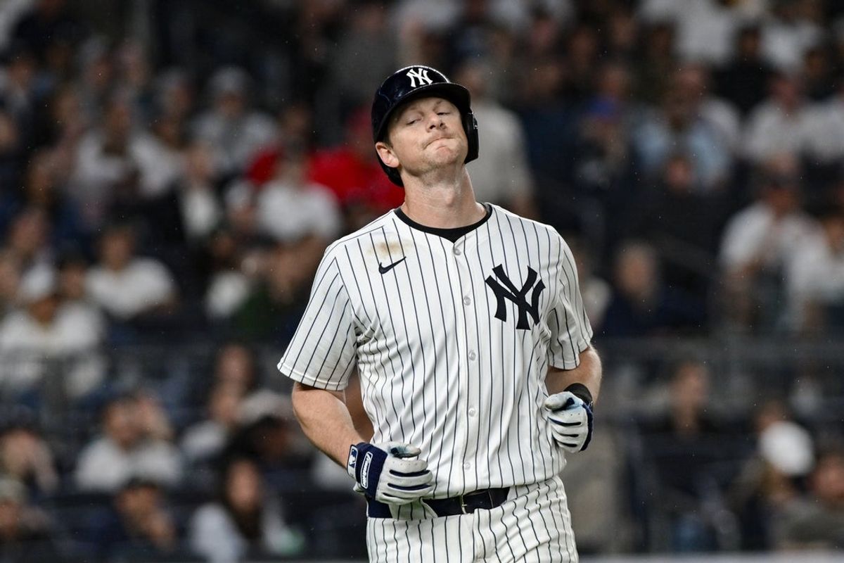 Jun 8, 2025; Bronx, New York, USA; New York Yankees second baseman DJ LeMahieu (26) reacts during the eighth inning against the Boston Red Sox at Yankee Stadium. Mandatory Credit: John Jones-Imagn Images