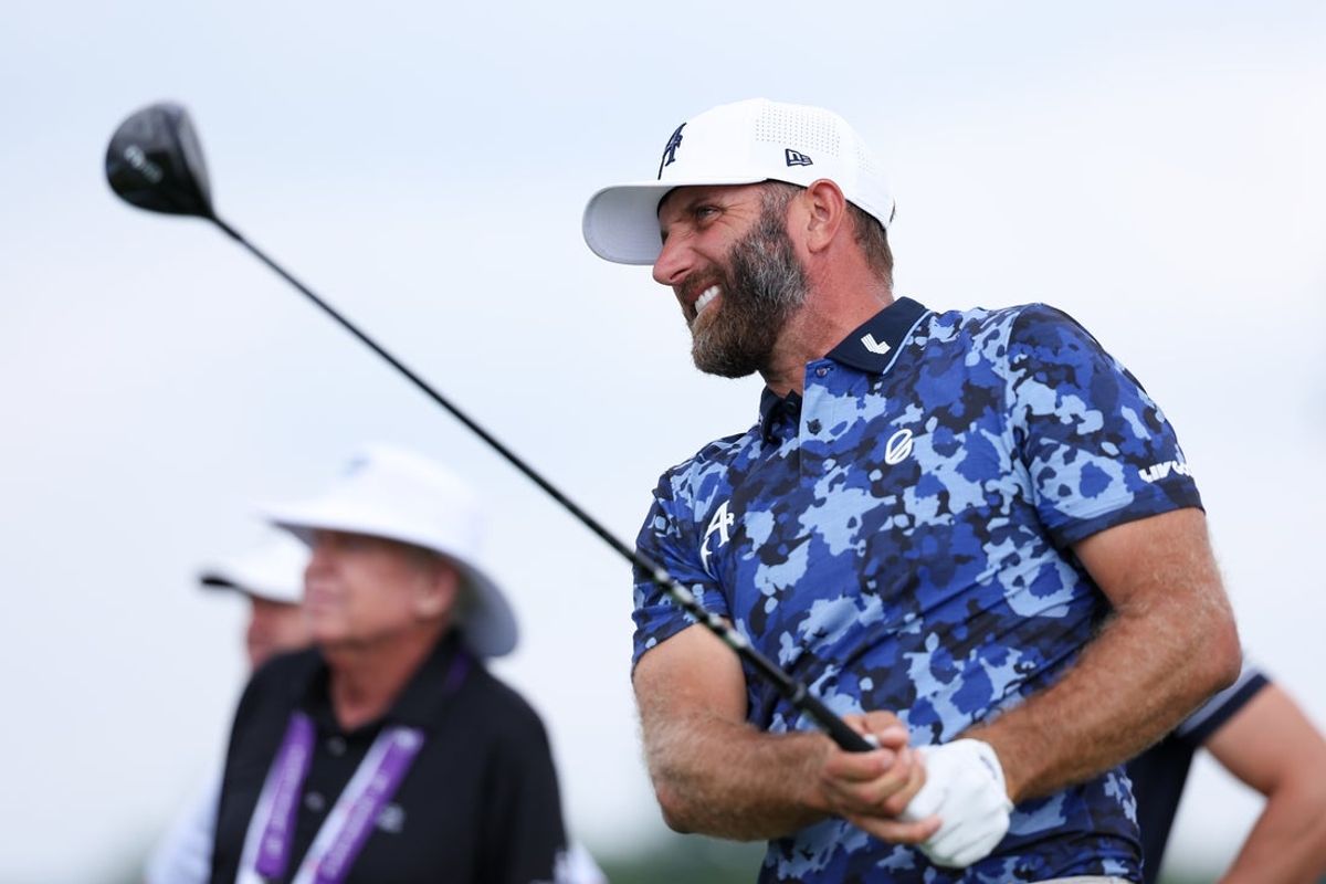 Jun 9, 2025; Oakmont, Pennsylvania, USA; Dustin Johnson plays his shot from the eighth tee during a practice round for the U.S. Open golf tournament at Oakmont Country Club. Mandatory Credit: Bill Streicher-Imagn Images