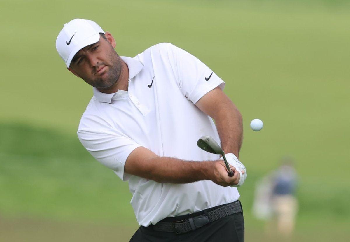 Jun 9, 2025; Oakmont, Pennsylvania, USA; Scottie Scheffler hits in the fairway on hole ten during a practice round for the U.S. Open golf tournament at Oakmont Country Club. Mandatory Credit: Charles LeClaire-Imagn Images
