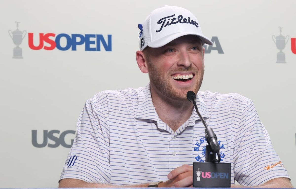 Jun 9, 2025; Oakmont, Pennsylvania, USA; Matt Vogt who was a caddie at Oakmont County Club in his youth speaks at a press conference during a practice round for the U.S. Open golf tournament at Oakmont Country Club. Mandatory Credit: Charles LeClaire-Imagn Images