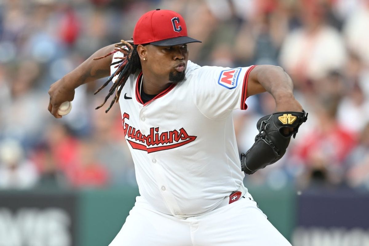 Jun 9, 2025; Cleveland, Ohio, USA; Cleveland Guardians starting pitcher Luis Ortiz (45) throws a pitch during the first inning against the Cincinnati Reds at Progressive Field. Mandatory Credit: Ken Blaze-Imagn Images