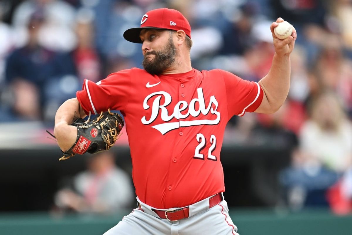 Jun 9, 2025; Cleveland, Ohio, USA; Cincinnati Reds starting pitcher Wade Miley (22) throws a pitch during the first inning against the Cleveland Guardians at Progressive Field. Mandatory Credit: Ken Blaze-Imagn Images