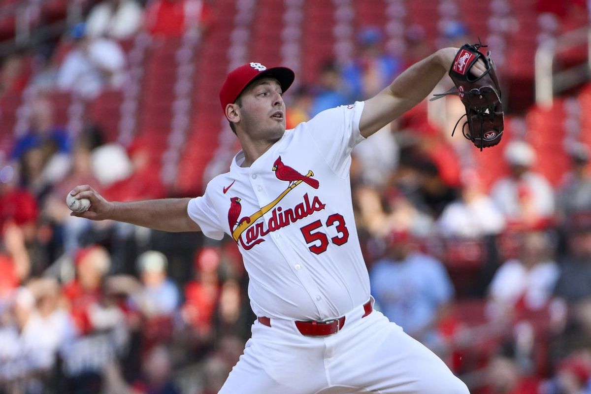 Jun 9, 2025; St. Louis, Missouri, USA;  St. Louis Cardinals starting pitcher Andre Pallante (53) pitches against the Toronto Blue Jays during the first inning at Busch Stadium. Mandatory Credit: Jeff Curry-Imagn Images