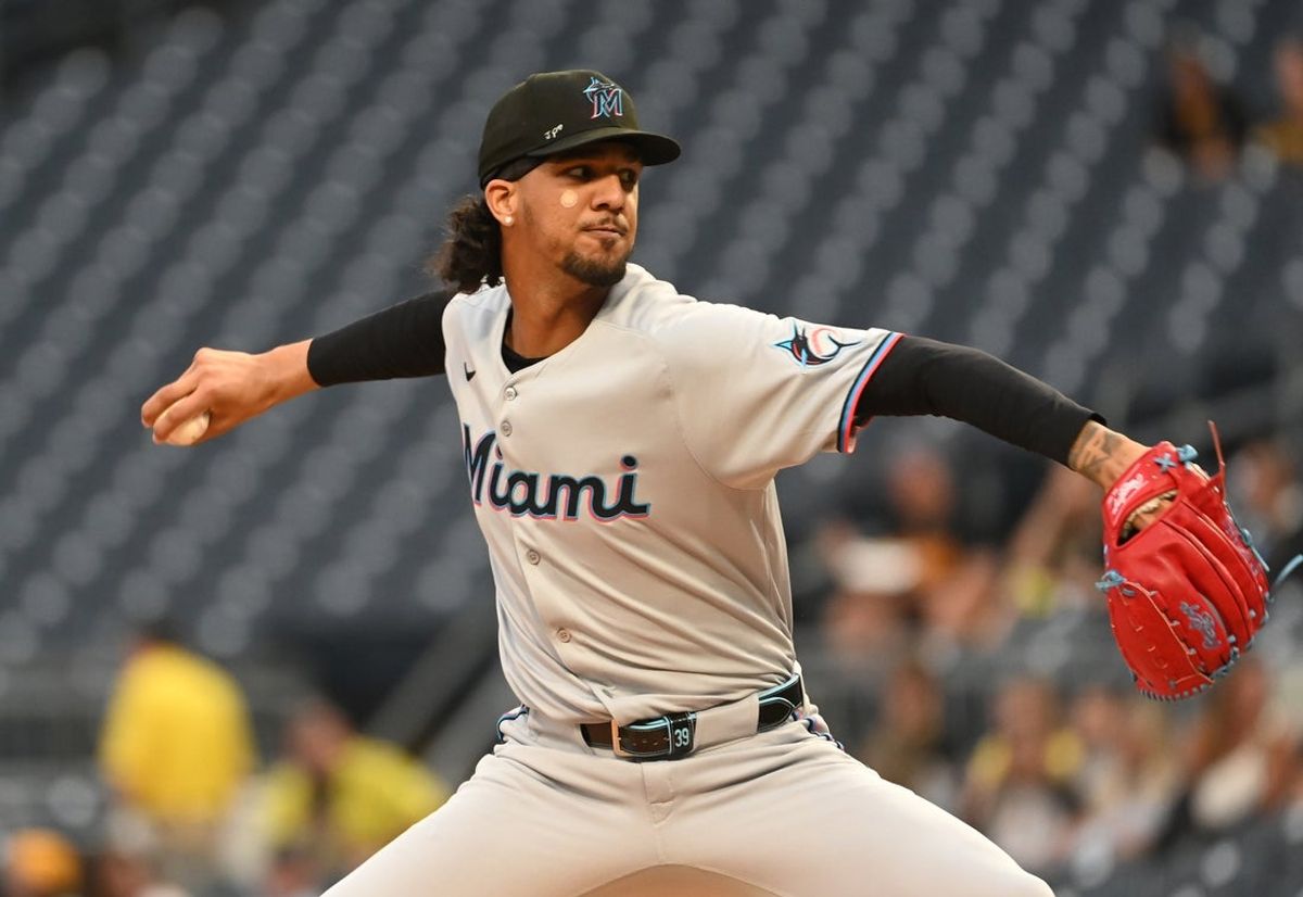 Jun 9, 2025; Pittsburgh, Pennsylvania, USA;  Miami Marlins starting pitcher Eury Perez (39) throws a pitch against the Miami Marlins during the first inning at PNC Park. Mandatory Credit: Philip G. Pavely-Imagn Images