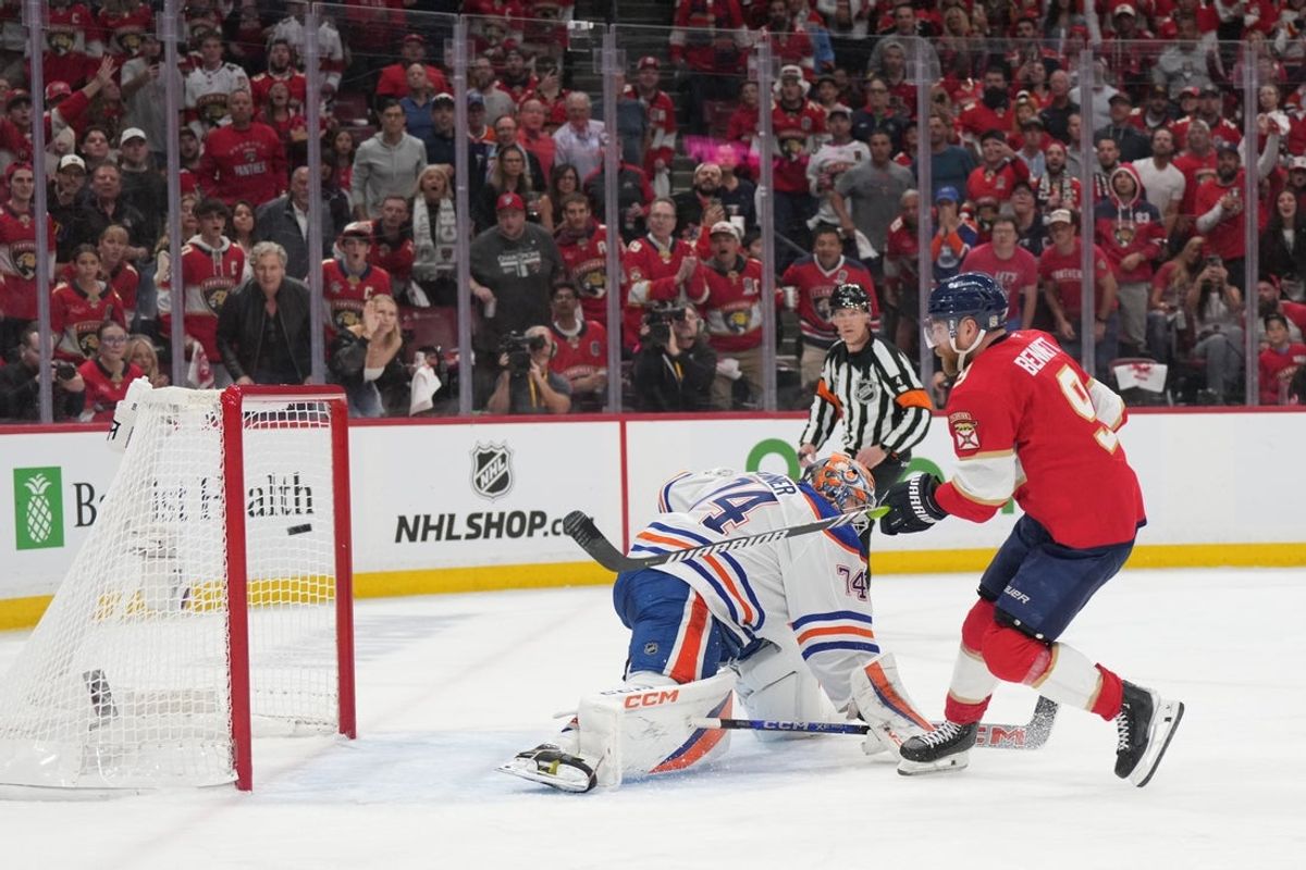 Jun 9, 2025; Sunrise, Florida, USA; Florida Panthers forward Sam Bennett (9) scores against Edmonton Oilers goaltender Stuart Skinner (74) during the second period in game three of the 2025 Stanley Cup Final at Amerant Bank Arena. Mandatory Credit: Jim Rassol-Imagn Images