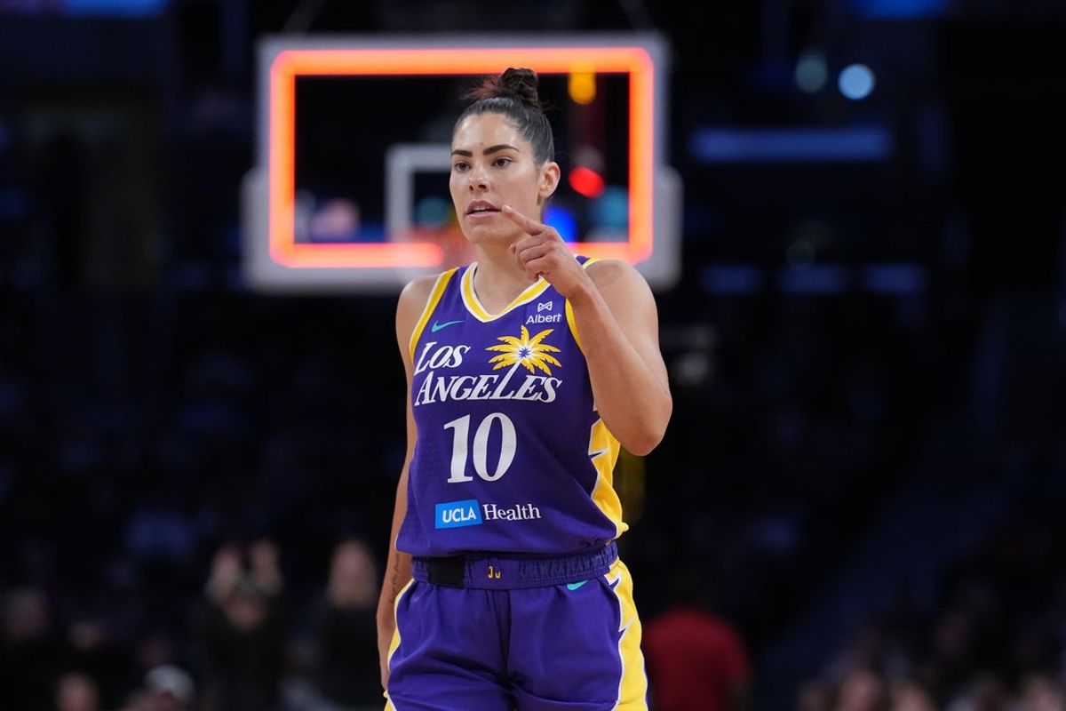 Jun 9, 2025; Los Angeles, California, USA; LA Sparks guard Kelsey Plum (10) reacts at the end of the first half against the Golden State Valkyries at Crypto.com Arena. Mandatory Credit: Kirby Lee-Imagn Images
