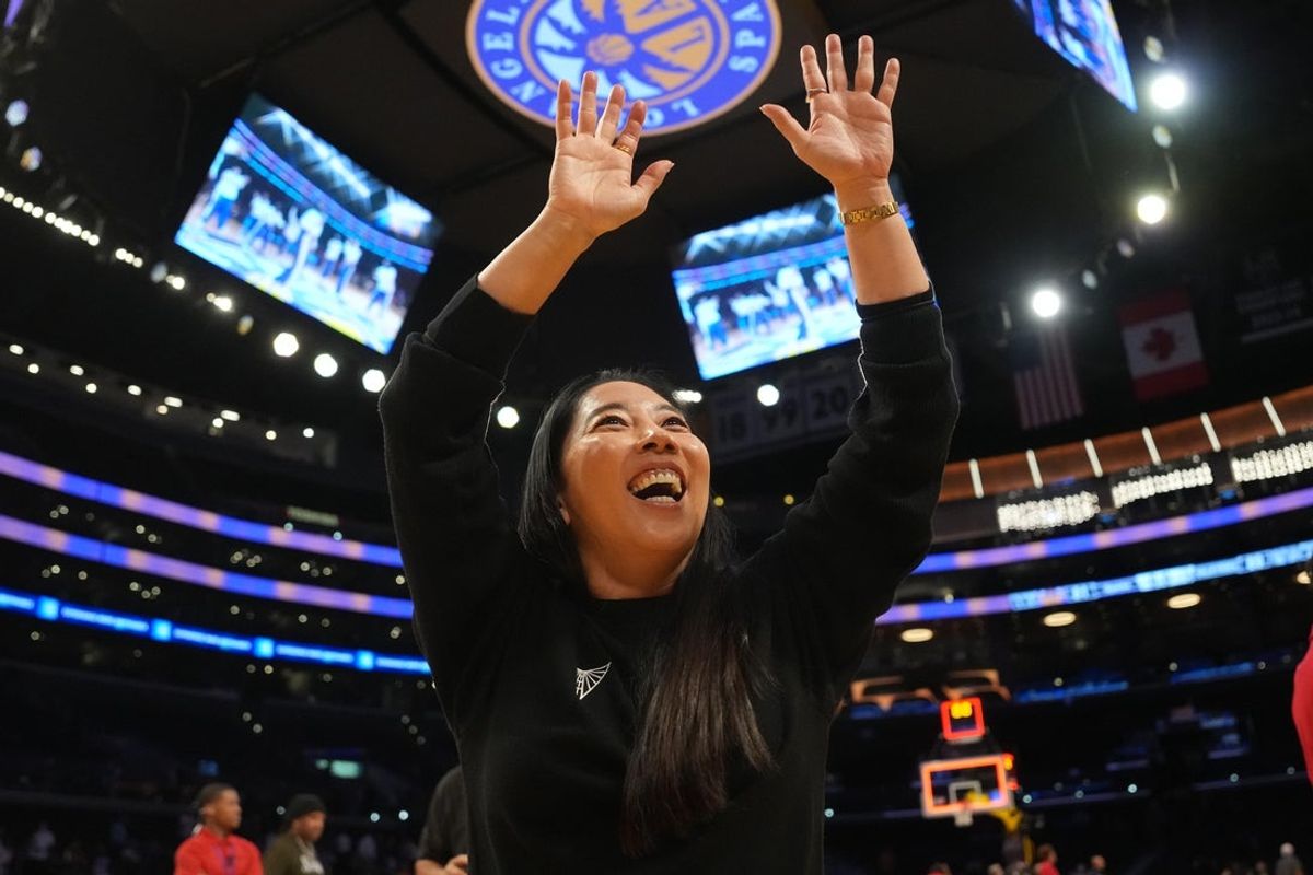 Jun 9, 2025; Los Angeles, California, USA; Golden State Valkyries coach Natalie Nakase celebrates after the game against the LA Sparks at Crypto.com Arena. Mandatory Credit: Kirby Lee-Imagn Images