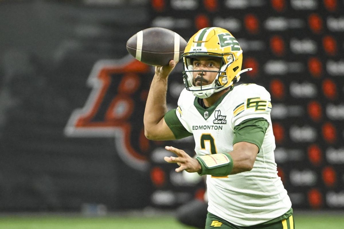 Jun 7, 2025; Vancouver, British Columbia, Canada;  Edmonton Elks quarterback Tre Ford (2) looks to pass the ball during the second half against the BC Lions at BC Place Stadium. Mandatory Credit: Anne-Marie Sorvin-Imagn Images