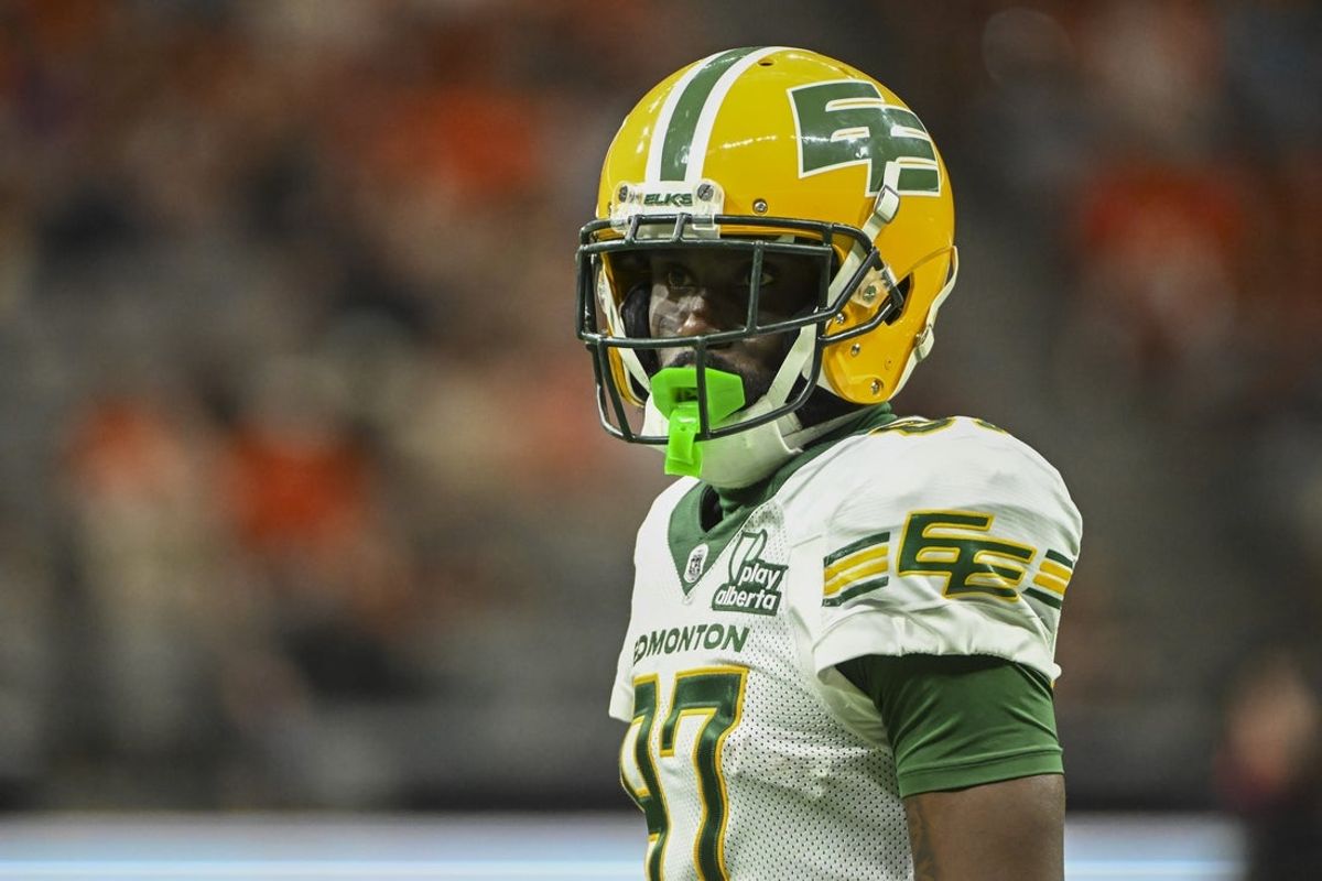 Jun 7, 2025; Vancouver, British Columbia, Canada;  Edmonton Elks wide receiver Binjimen Victor (87) looks on during the second half against the BC Lions at BC Place Stadium. Mandatory Credit: Anne-Marie Sorvin-Imagn Images