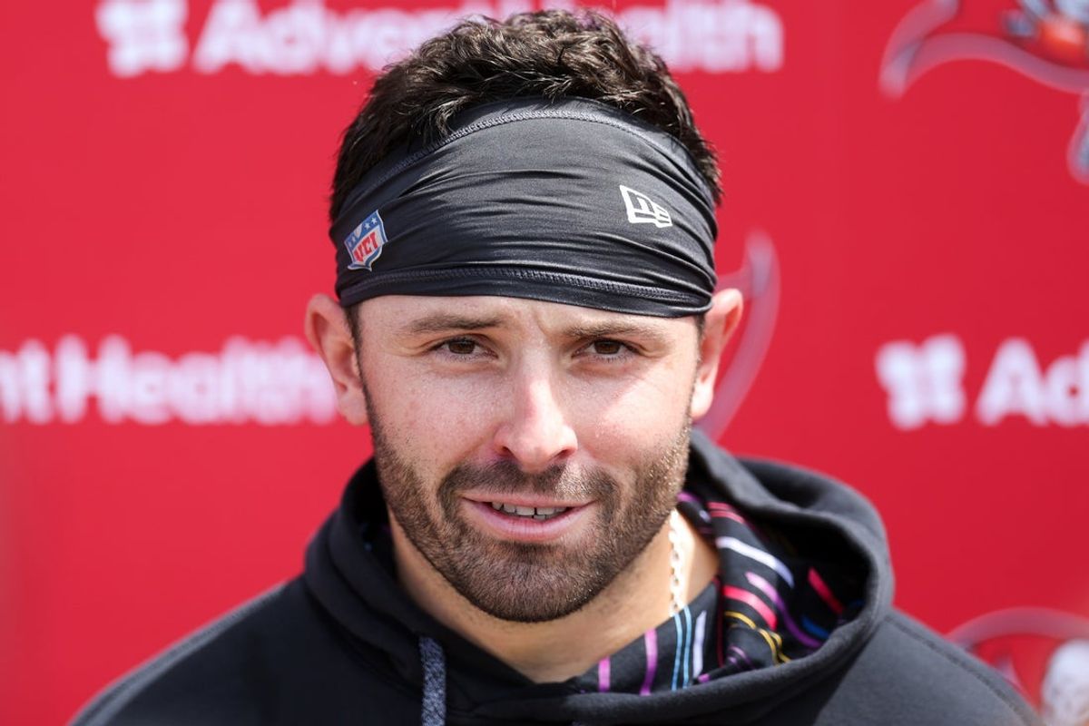 Jun 10, 2025; Tampa Bay, FL, USA; Tampa Bay Buccaneers quarterback Baker Mayfield (6) gives a press conference after mini camp at AdventHealth Training Center. Mandatory Credit: Nathan Ray Seebeck-Imagn Images