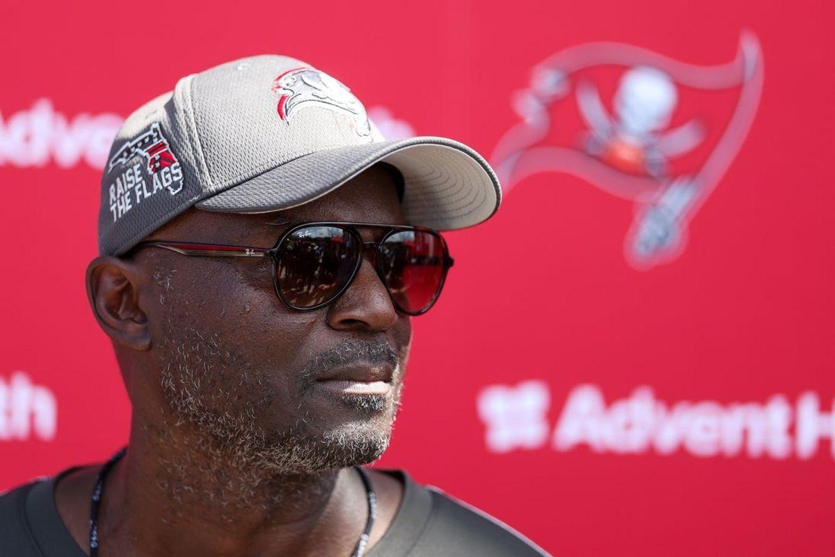 Jun 10, 2025; Tampa Bay, FL, USA; Tampa Bay Buccaneers head coach Todd Bowles gives a press conference after mini camp at AdventHealth Training Center. Mandatory Credit: Nathan Ray Seebeck-Imagn Images