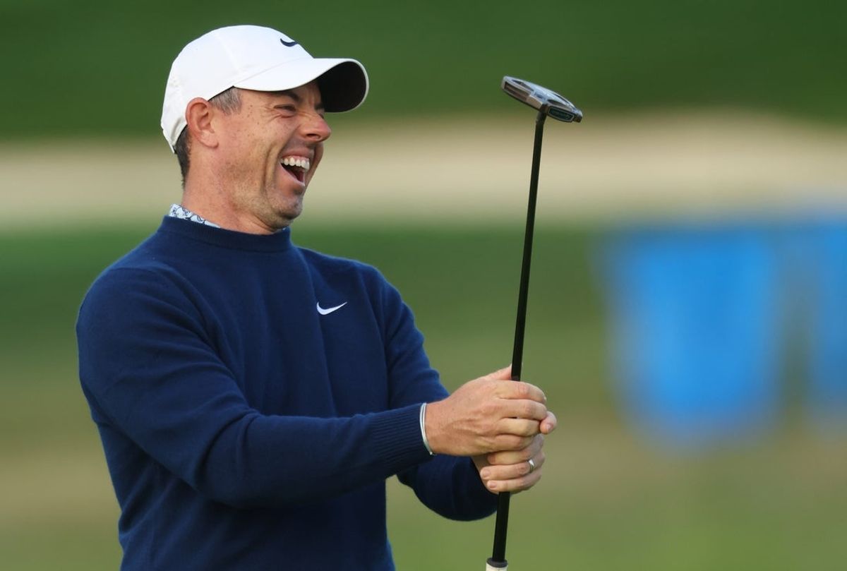 Jun 10, 2025; Oakmont, Pennsylvania, USA; Rory McIlroy  reacts on the tenth green during a practice round for the U.S. Open golf tournament at Oakmont Country Club. Mandatory Credit: Charles LeClaire-Imagn Images