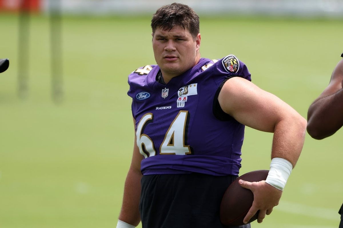 Jun 10, 2025; Baltimore, MD, USA; Baltimore Ravens center Tyler Linderbaum (64) looks on during an NFL OTA at Under Armour Performance Center. Mandatory Credit: Daniel Kucin Jr.-Imagn Images