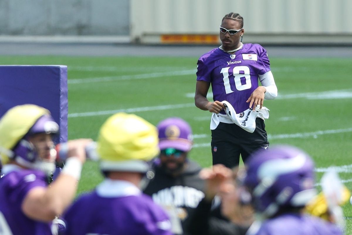 Jun 10, 2025; Minneapolis, MN, USA; Minnesota Vikings wide receiver Justin Jefferson (18) watches practice during minicamp at the Minnesota Vikings Training Facility. Mandatory Credit: Matt Krohn-Imagn Images