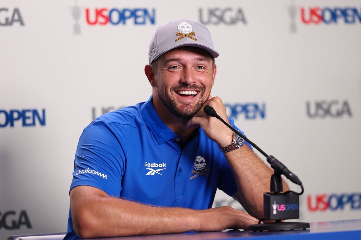 Jun 10, 2025; Oakmont, Pennsylvania, USA; Bryson DeChambeau speaks with the media during practice rounds for the U.S. Open golf tournament at Oakmont Country Club. Mandatory Credit: Bill Streicher-Imagn Images