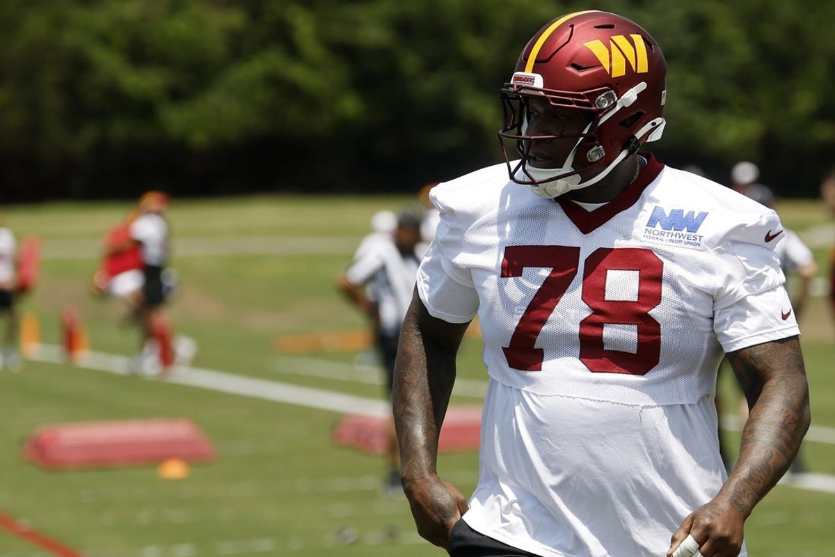 Jun 10, 2025; Ashburn, VA, USA; Washington Commanders offensive tackle Laremy Tunsil (78) stands on the field on day one of minicamp at Commanders Park. Mandatory Credit: Geoff Burke-Imagn Images