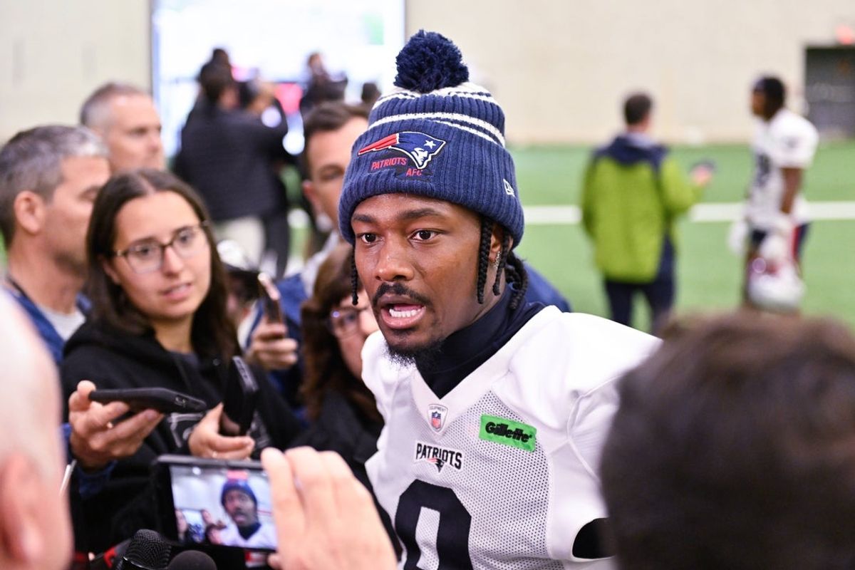 Jun 10, 2025; Foxborough, MA, USA; New England Patriots wide receiver Stefon Diggs (8) speaks to the media after minicamp held in the WIN Field House at Gillette Stadium. Mandatory Credit: Eric Canha-Imagn Images