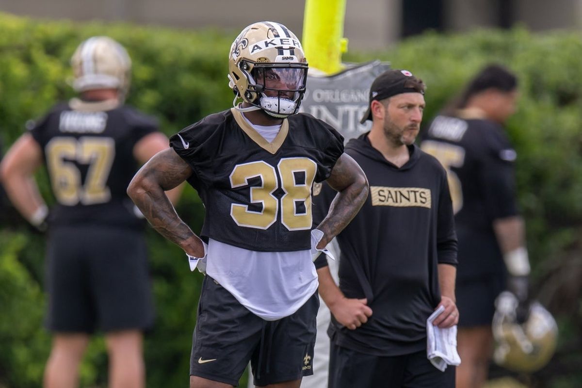 Jun 10, 2025; New Orleans, LA, USA;  New Orleans Saints running back Cam Akers looks on during minicamp at Ochsner Sports Performance Center. Mandatory Credit: Stephen Lew-Imagn Images