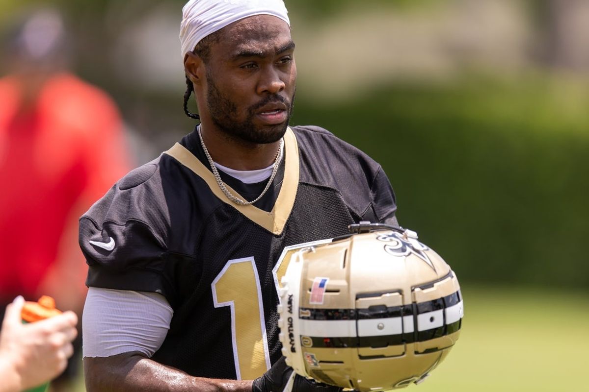 Jun 10, 2025; New Orleans, LA, USA;  New Orleans Saints wide receiver Brandin Cooks (10) looks on during minicamp at Ochsner Sports Performance Center. Mandatory Credit: Stephen Lew-Imagn Images