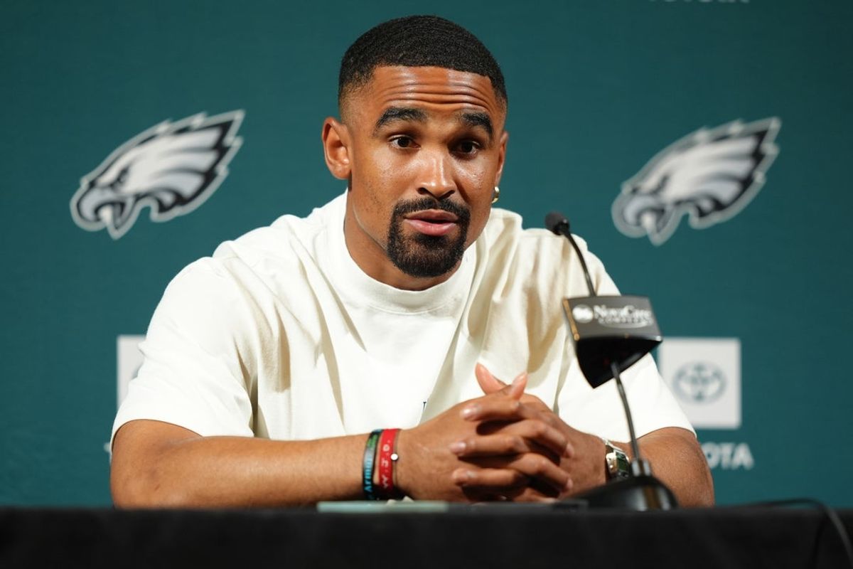 Jun 10, 2025; Philadelphia, PA, USA; Philadelphia Eagles quarterback Jalen Hurts (1) addresses media during a press conference at NovaCare Complex. Mandatory Credit: Kyle Ross-Imagn Images
