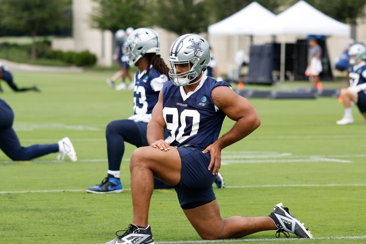 Jun 10, 2025; Arlington, TX, USA;  Dallas Cowboys defensive tackle Solomon Thomas (90) goes through a drill during practice at the Ford Center at the Star Training Facility in Frisco, Texas. Mandatory Credit: Chris Jones-Imagn Images