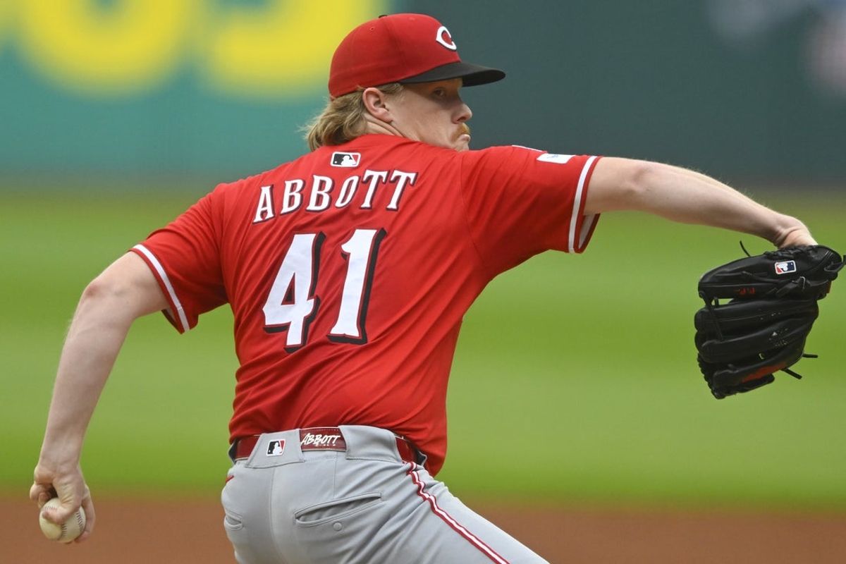 Jun 10, 2025; Cleveland, Ohio, USA; Cincinnati Reds starting pitcher Andrew Abbott (41) delivers a pitch in the first inning against the Cleveland Guardians at Progressive Field. Mandatory Credit: David Richard-Imagn Images