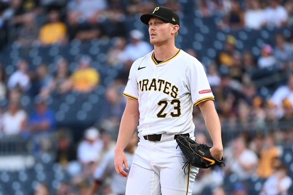 Jun 10, 2025; Pittsburgh, Pennsylvania, USA;  Pittsburgh Pirates starting pitcher Mitch Keller (23) watches as a two-run home run by Miami Marlins batter Nick Fortes leaves left field during the third inning at PNC Park. Mandatory Credit: Philip G. Pavely-Imagn Images