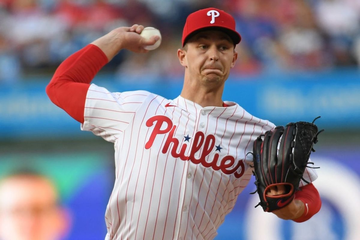 Jun 10, 2025; Philadelphia, Pennsylvania, USA; Philadelphia Phillies pitcher Mick Abel (40) throws a pitch during the first inning against the Chicago Cubs at Citizens Bank Park. Mandatory Credit: Eric Hartline-Imagn Images