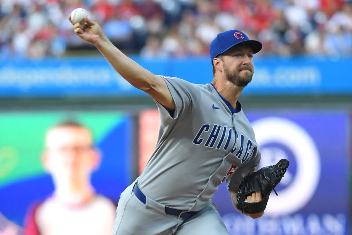 Jun 10, 2025; Philadelphia, Pennsylvania, USA; Chicago Cubs pitcher Colin Rea (53) triple play during the first inning  against the Philadelphia Phillies at Citizens Bank Park. Mandatory Credit: Eric Hartline-Imagn Images