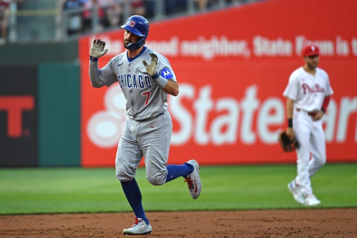Jun 10, 2025; Philadelphia, Pennsylvania, USA; Chicago Cubs shortstop Dansby Swanson (7) runs the bases after hitting a home run during the second inning against the Philadelphia Phillies at Citizens Bank Park. Mandatory Credit: Eric Hartline-Imagn Images