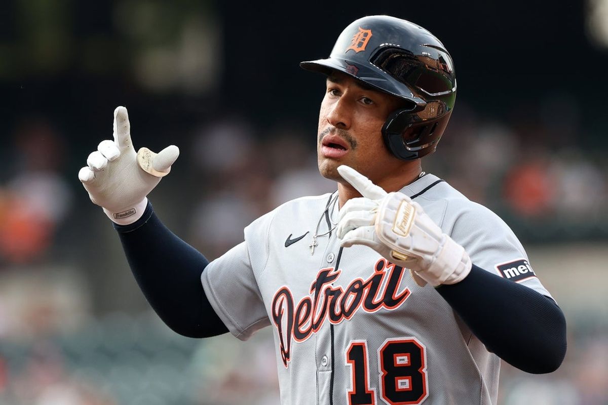 Jun 10, 2025; Baltimore, Maryland, USA; Detroit Tigers outfielder Jahmai Jones (18) celebrates after hitting a single during the third inning against the Baltimore Orioles at Oriole Park at Camden Yards. Mandatory Credit: Daniel Kucin Jr.-Imagn Images