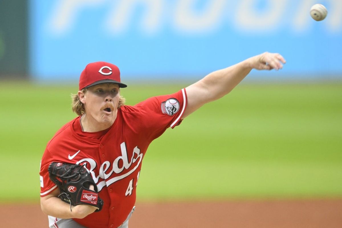 Jun 10, 2025; Cleveland, Ohio, USA; Cincinnati Reds starting pitcher Andrew Abbott (41) delivers a pitch in the second inning against the Cleveland Guardians at Progressive Field. Mandatory Credit: David Richard-Imagn Images