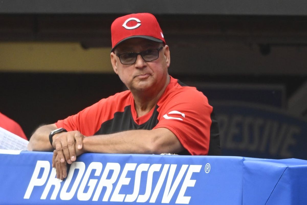 Jun 10, 2025; Cleveland, Ohio, USA; Cincinnati Reds manager Terry Francona (77) stands in the dugout in the fourth inning against the Cleveland Guardians at Progressive Field. Mandatory Credit: David Richard-Imagn Images