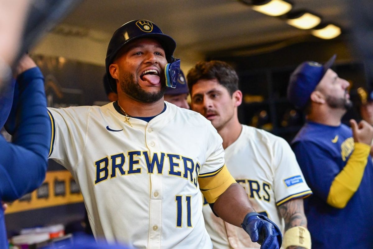 Jun 10, 2025; Milwaukee, Wisconsin, USA; Milwaukee Brewers center fielder Jackson Chourio (11) reacts after hitting a two run home run in the third inning against the Atlanta Braves at American Family Field. Mandatory Credit: Benny Sieu-Imagn Images