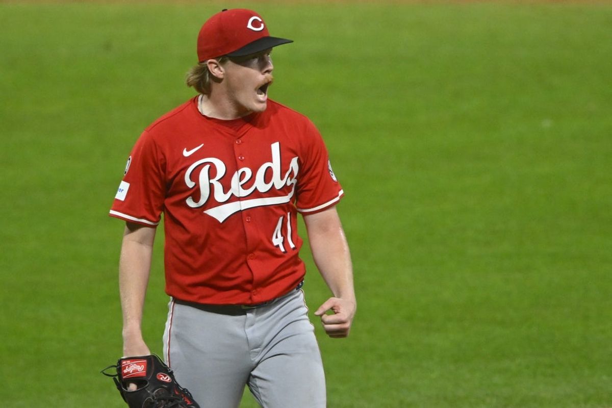 Jun 10, 2025; Cleveland, Ohio, USA; Cincinnati Reds starting pitcher Andrew Abbott (41) celebrates a double play in the ninth inning against the Cleveland Guardians at Progressive Field. Mandatory Credit: David Richard-Imagn Images