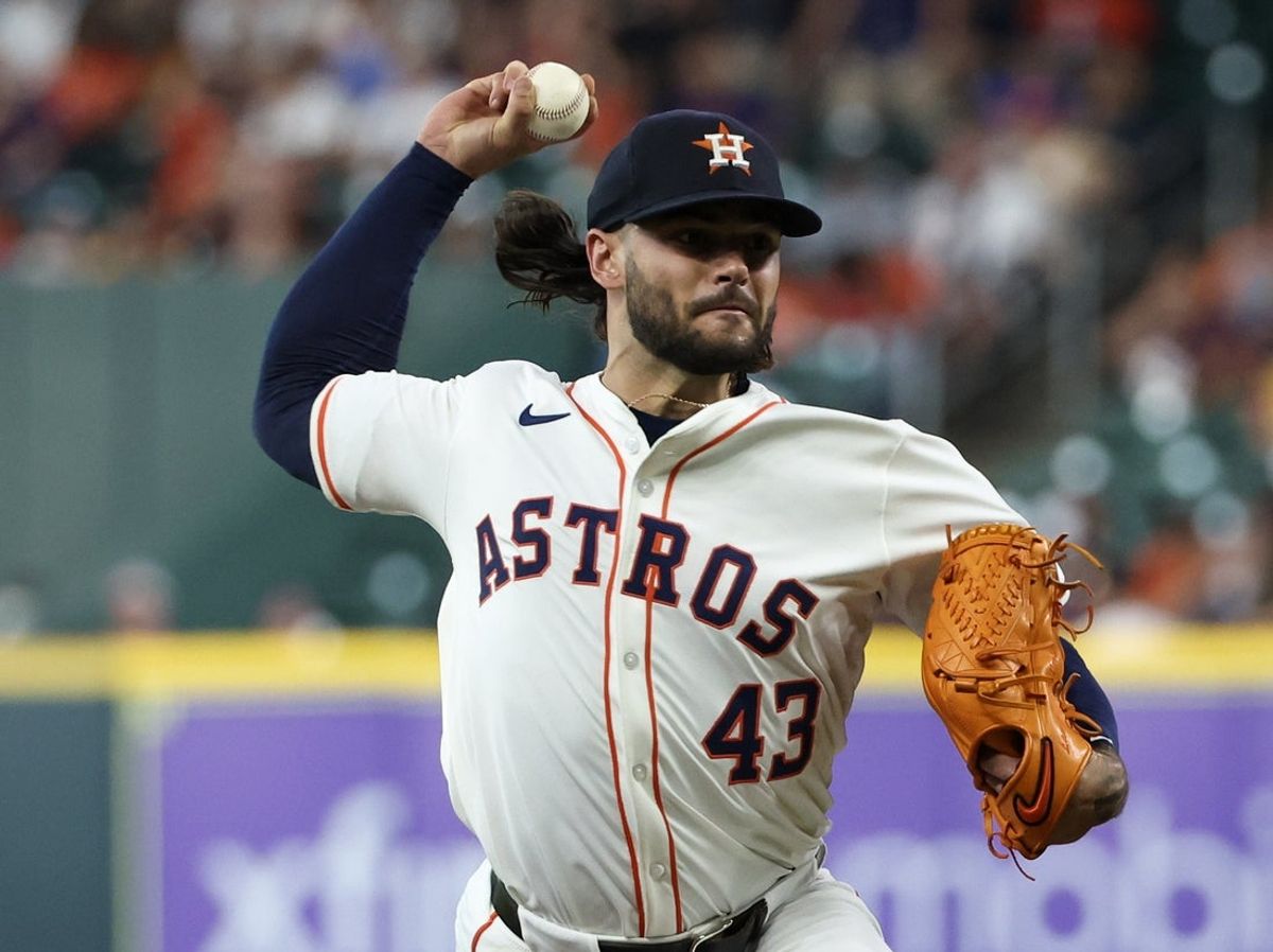Jun 10, 2025; Houston, Texas, USA;  Houston Astros starting pitcher Lance McCullers Jr. (43) pitches against the Chicago White Sox in the second inning at Daikin Park. Mandatory Credit: Thomas Shea-Imagn Images