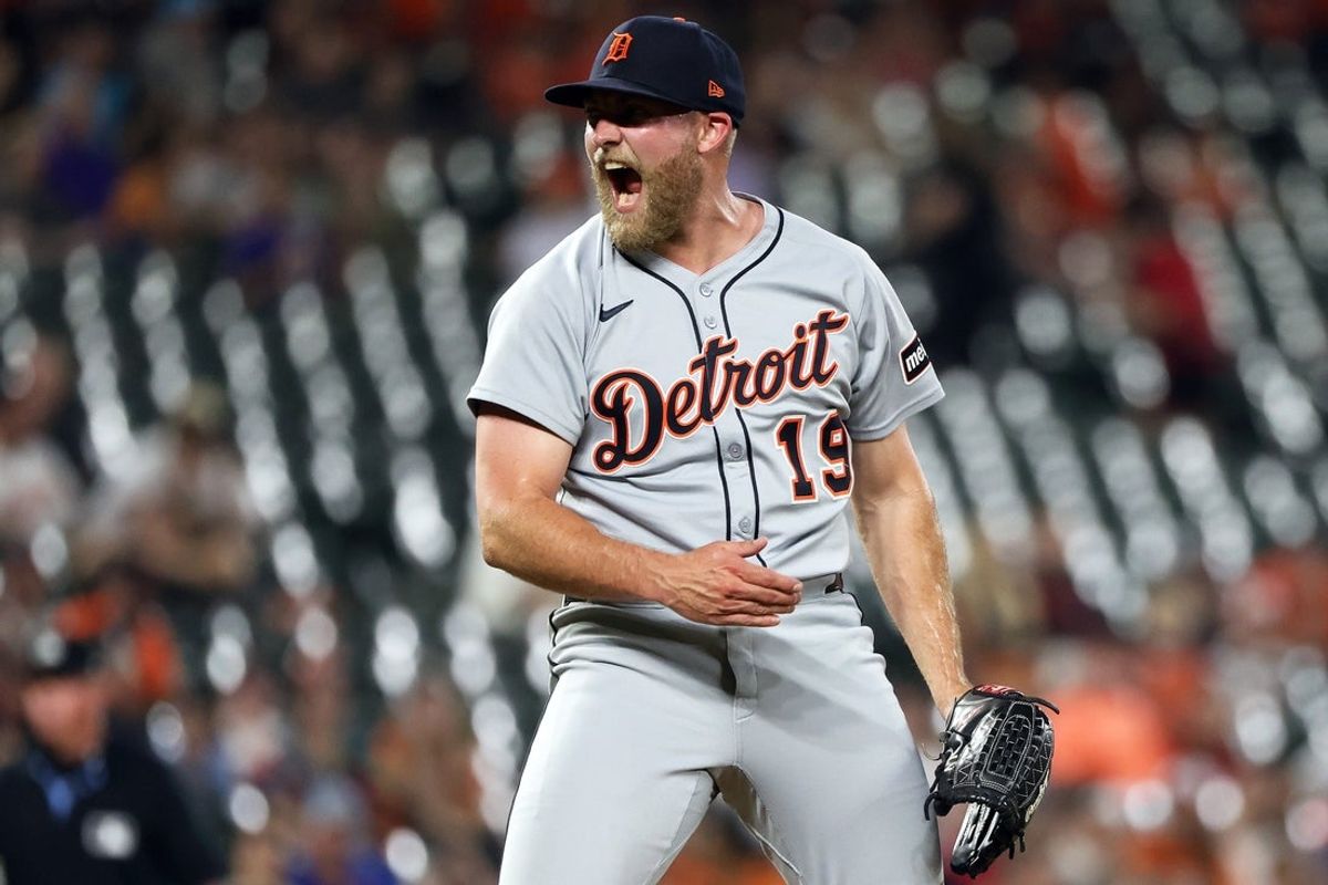 Jun 10, 2025; Baltimore, Maryland, USA; Detroit Tigers pitcher Will Vest (19) celebrates after a game against the Baltimore Orioles at Oriole Park at Camden Yards. Mandatory Credit: Daniel Kucin Jr.-Imagn Images