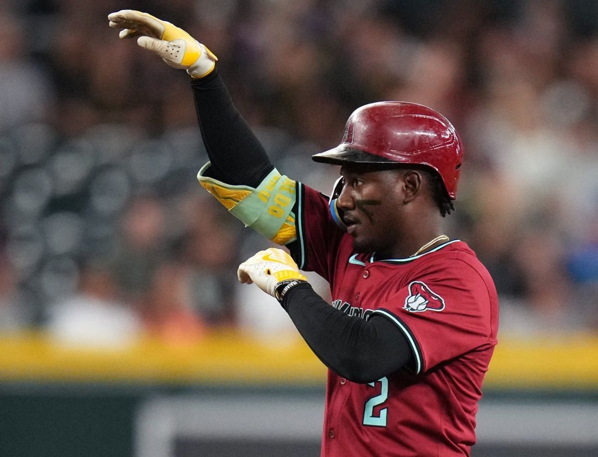 Arizona Diamondbacks’ Geraldo Perdomo (2) celebrates his double against the Seattle Mariners at Chase Field in Phoenix, on June 10, 2025.