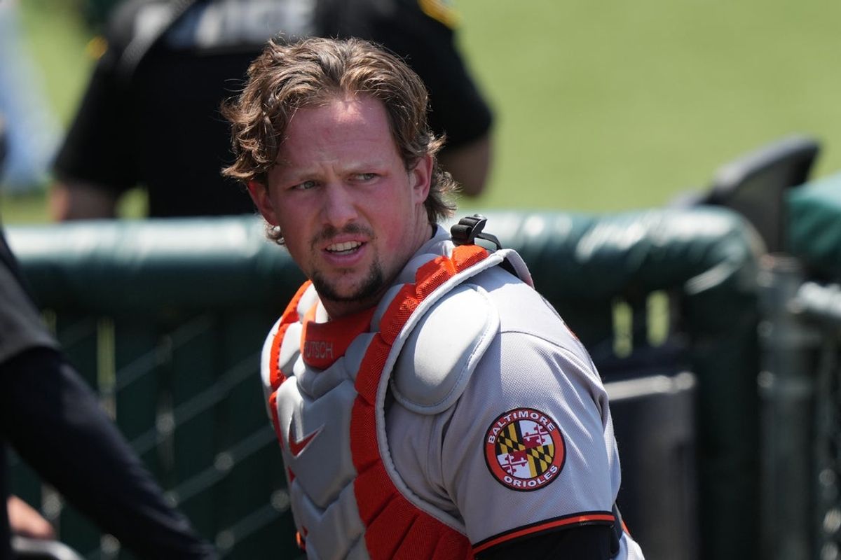 Jun 8, 2025; West Sacramento, California, USA; Baltimore Orioles catcher Adley Rutschman (35) before the game against the Athletics at Sutter Health Park. Mandatory Credit: Darren Yamashita-Imagn Images