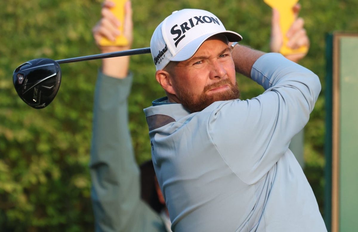 Jun 11, 2025; Oakmont, Pennsylvania, USA; Shane Lowry tees off on the first hole during a practice round for the U.S. Open golf tournament at Oakmont Country Club. Mandatory Credit: Charles LeClaire-Imagn Images