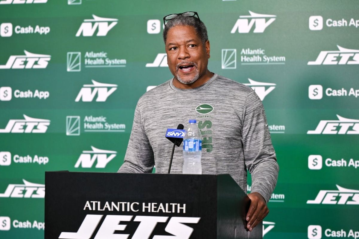 Jun 11, 2025; Florham Park, NY, USA; New York Jets defensive coordinator Steve Wilks speaks at a press conference during minicamp at Atlantic Health Jets Training Center. Mandatory Credit: John Jones-Imagn Images