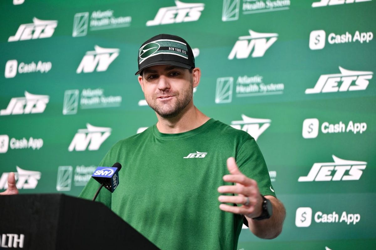 Jun 11, 2025; Florham Park, NY, USA; New York Jets offensive coordinator Tanner Engstrand speaks at a press conference during minicamp at Atlantic Health Jets Training Center. Mandatory Credit: John Jones-Imagn Images